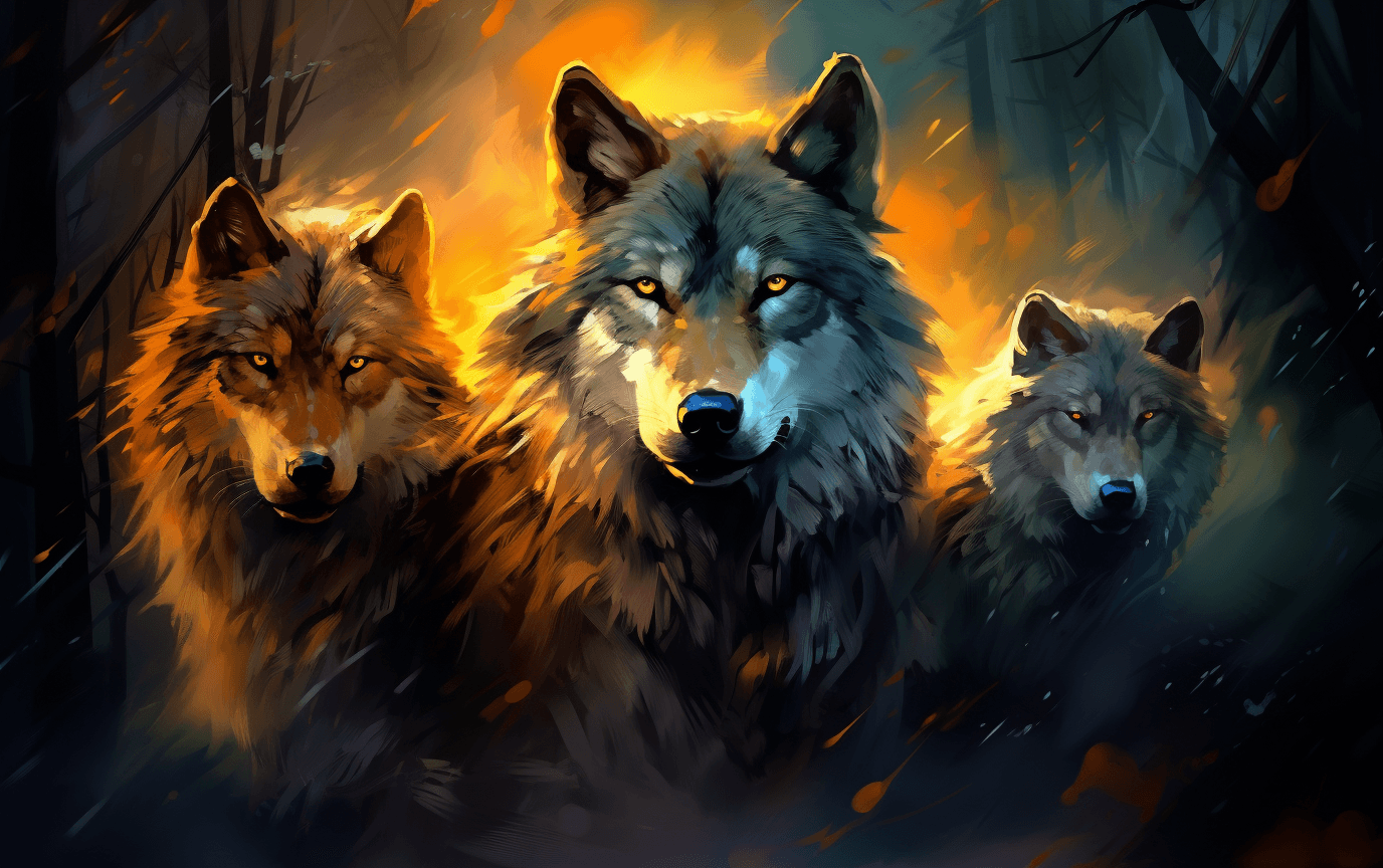 AI generated: multiple wolves are seen in the dark, in the style of digital expressionism, luminescent lightscapes...