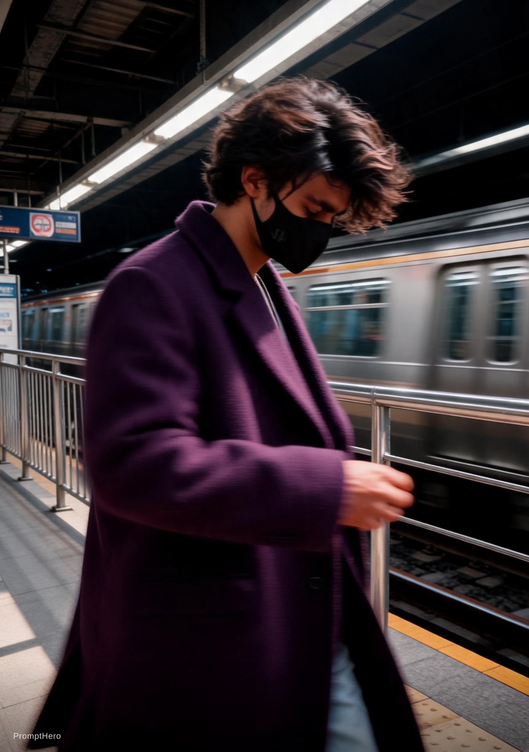 AI generated: fashion editorial photography, motion blur, male model, wearing an wool coat, deep purple color, wal...