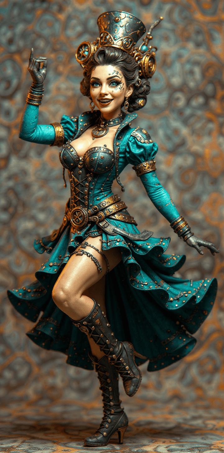 AI generated: 3d image of a steampunk pretty woman, dancing happily , in the style of Bella Kotak, gold and cyan, ...