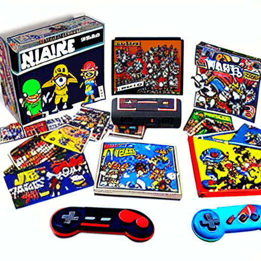AI generated: Create a plane of objects in the anime, manga, retro style. It includes a Super Nintendo console, a ...