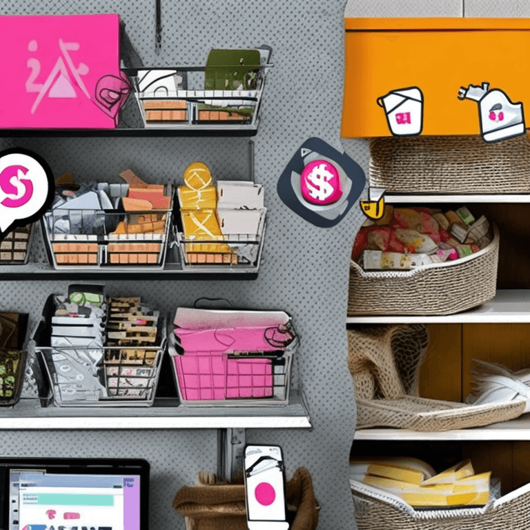 AI generated: Basket shop with small cardboard on the left, pink cell phone screen with 'shop', small shop vectors...