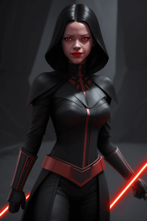AI generated: Female sith (jenna ortega face) in Black Sith outfit, black hair, dark red lips, orange eyes from st...