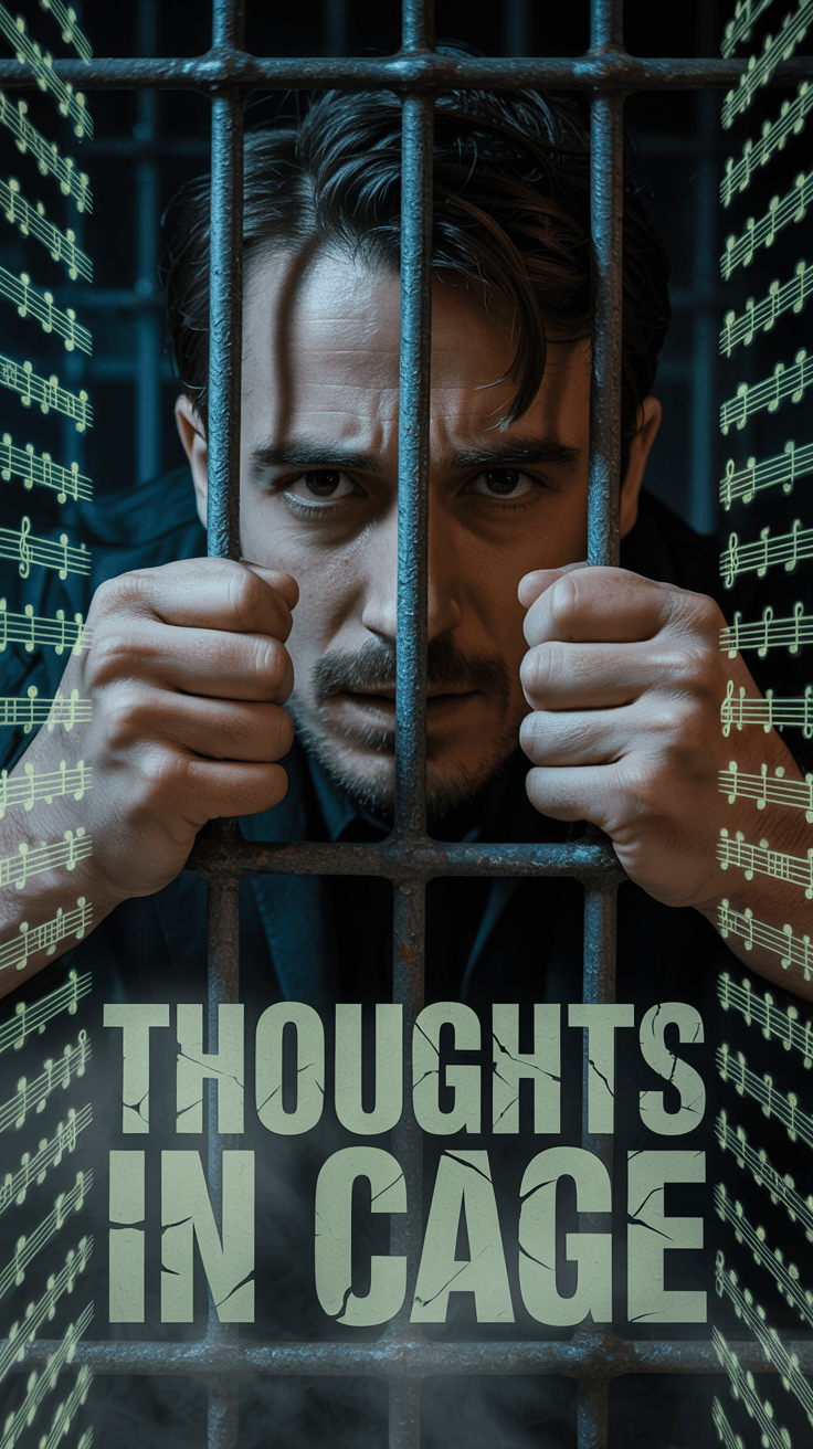 AI generated: Realistic illustration, macro view of a man trapped inside a cage, hands gripping the glowing cage b...
