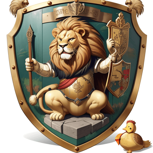 AI generated: Medieval shield, lion playing with a duck, happy