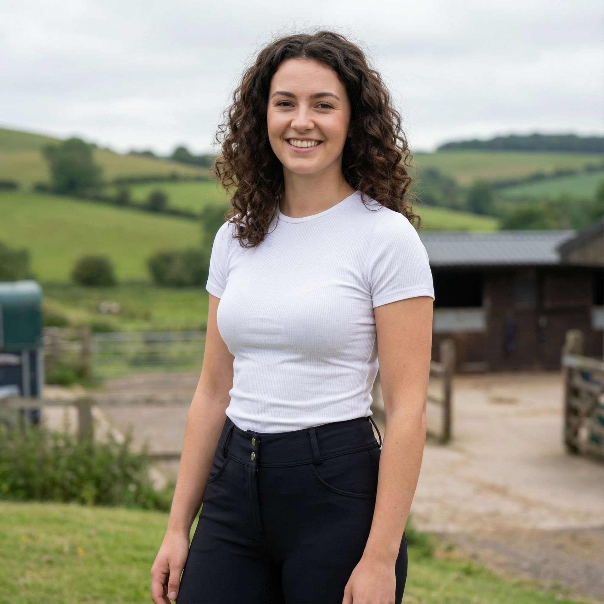 AI generated: British curly haired brunette slim with small breasts with hard nipples wearing black jodhpurs and a...