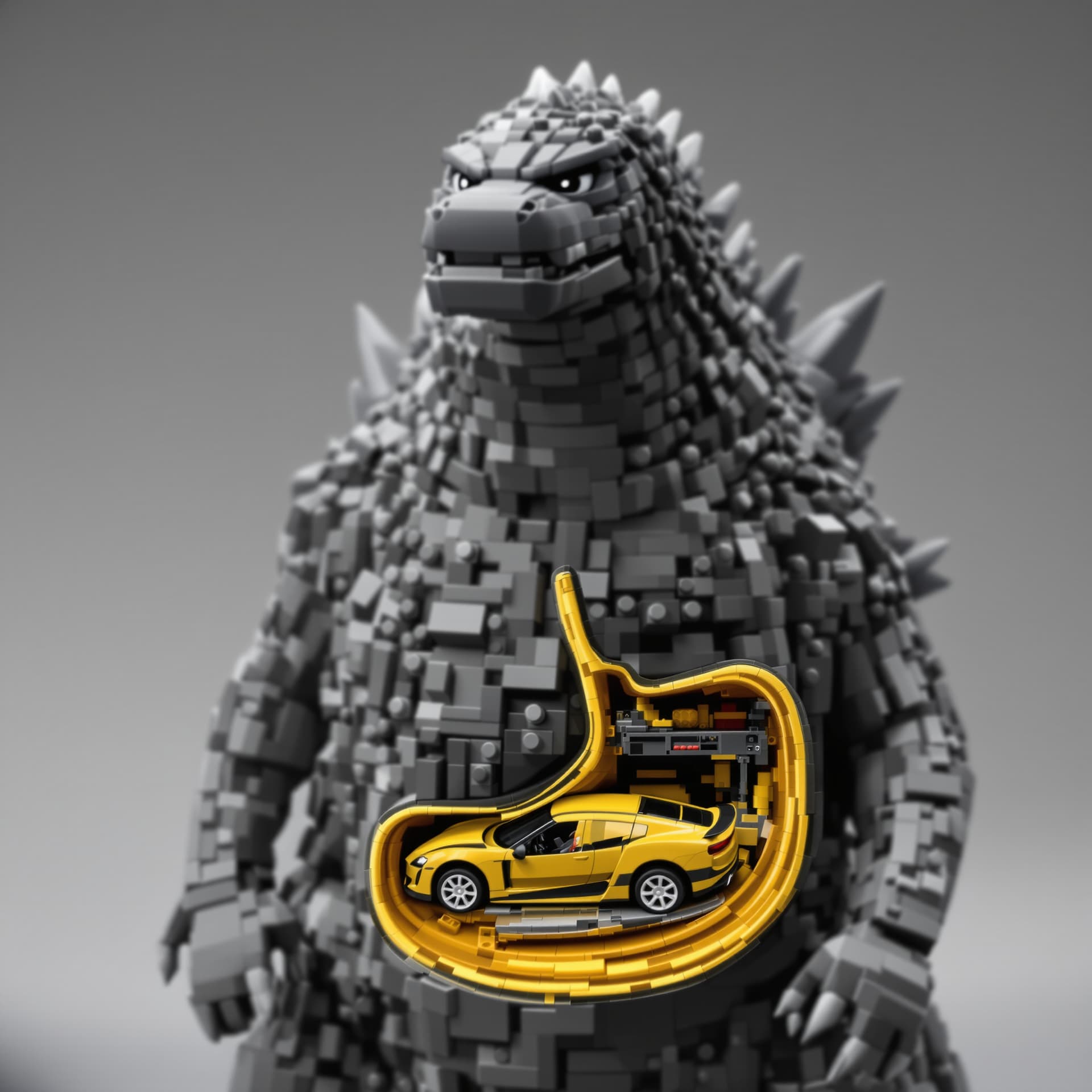 AI generated: Godzilla has eaten a yellow Porsche Taycan made out of Lego.  He regrets his decision because he has...