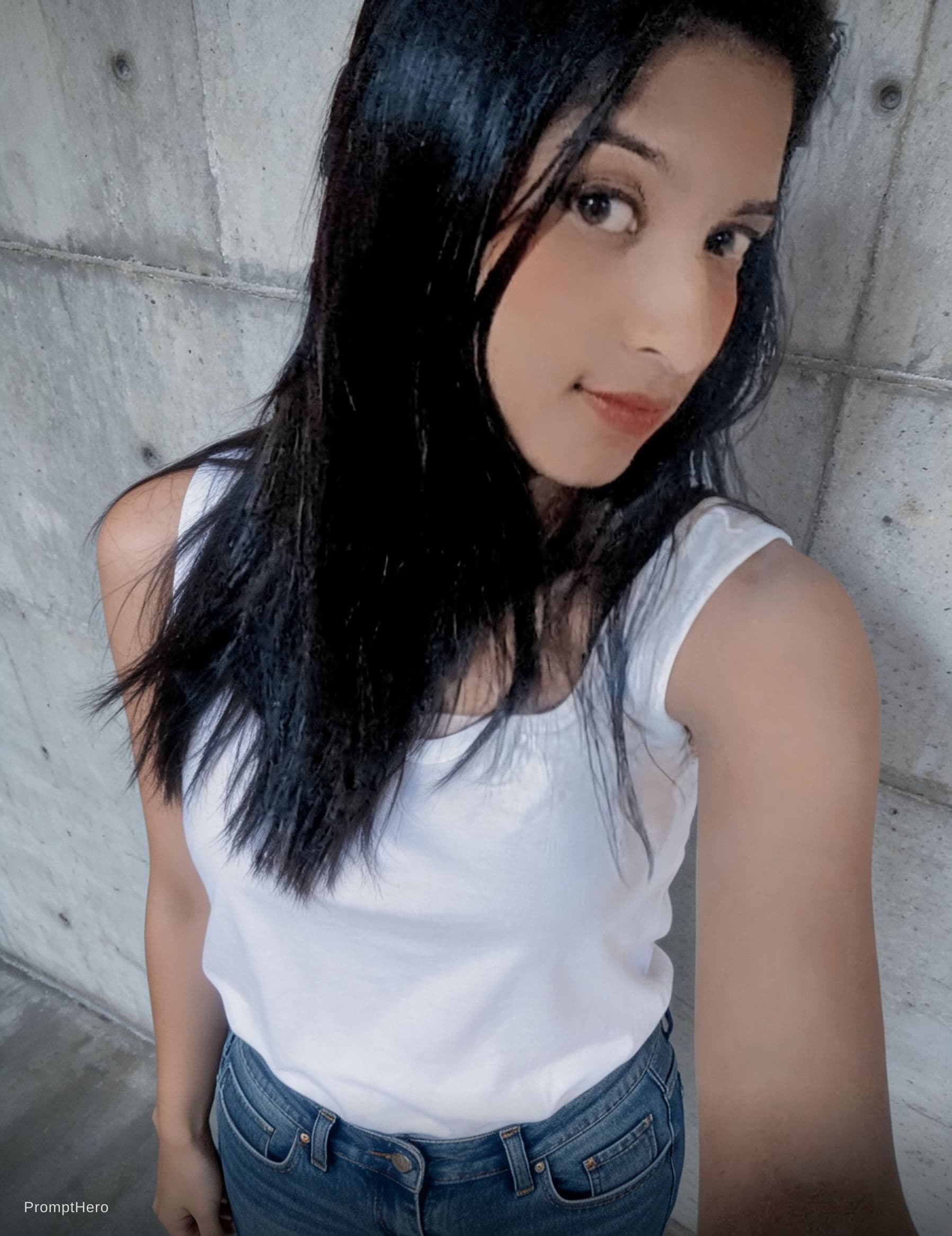 AI generated: A woman with long brunette hair and fair skin is captured in a candid moment. She's wearing a very l...