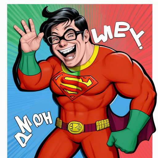 AI generated: A fun caricature of an ordinary super hero, nerdy, clumsy, laughing, no super powers and an ill fitt...