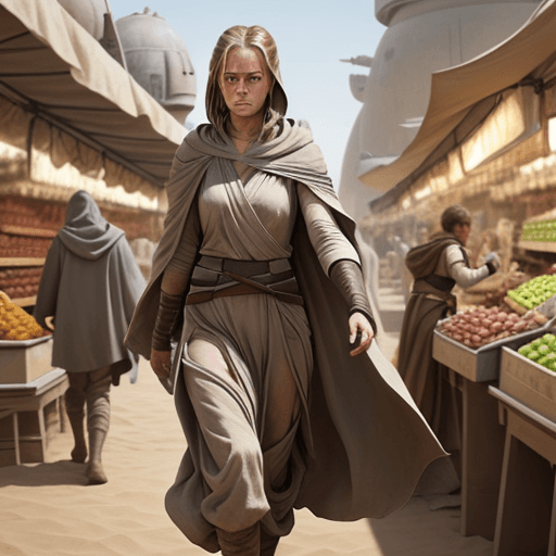 AI generated: A serious and brave female jedi walking through a market in Tatooine, wearing a hooded robe, --ar 4:...