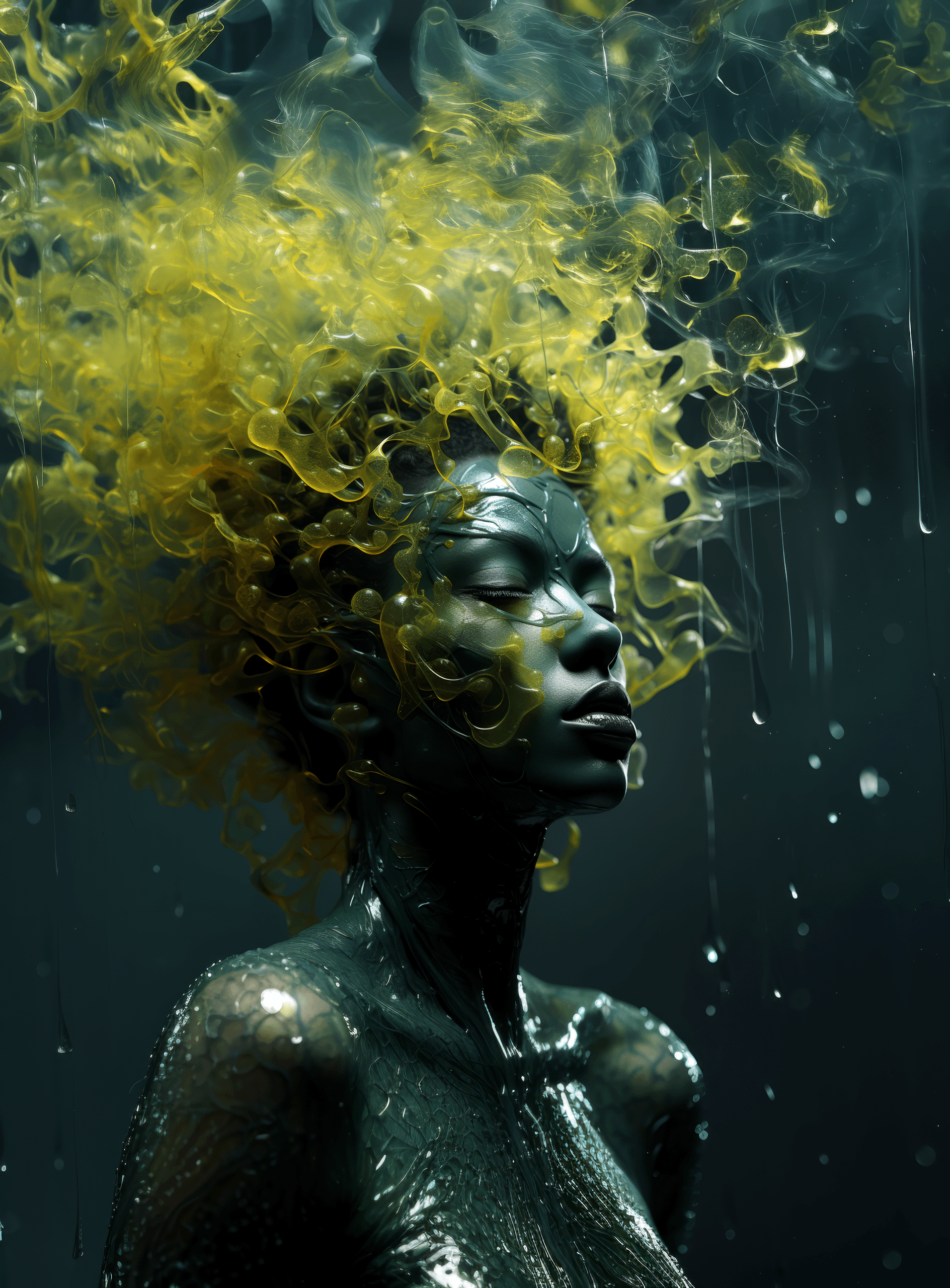 AI generated: a woman with a green face and hair, in the style of surreal fashion photography, net art, organic bi...