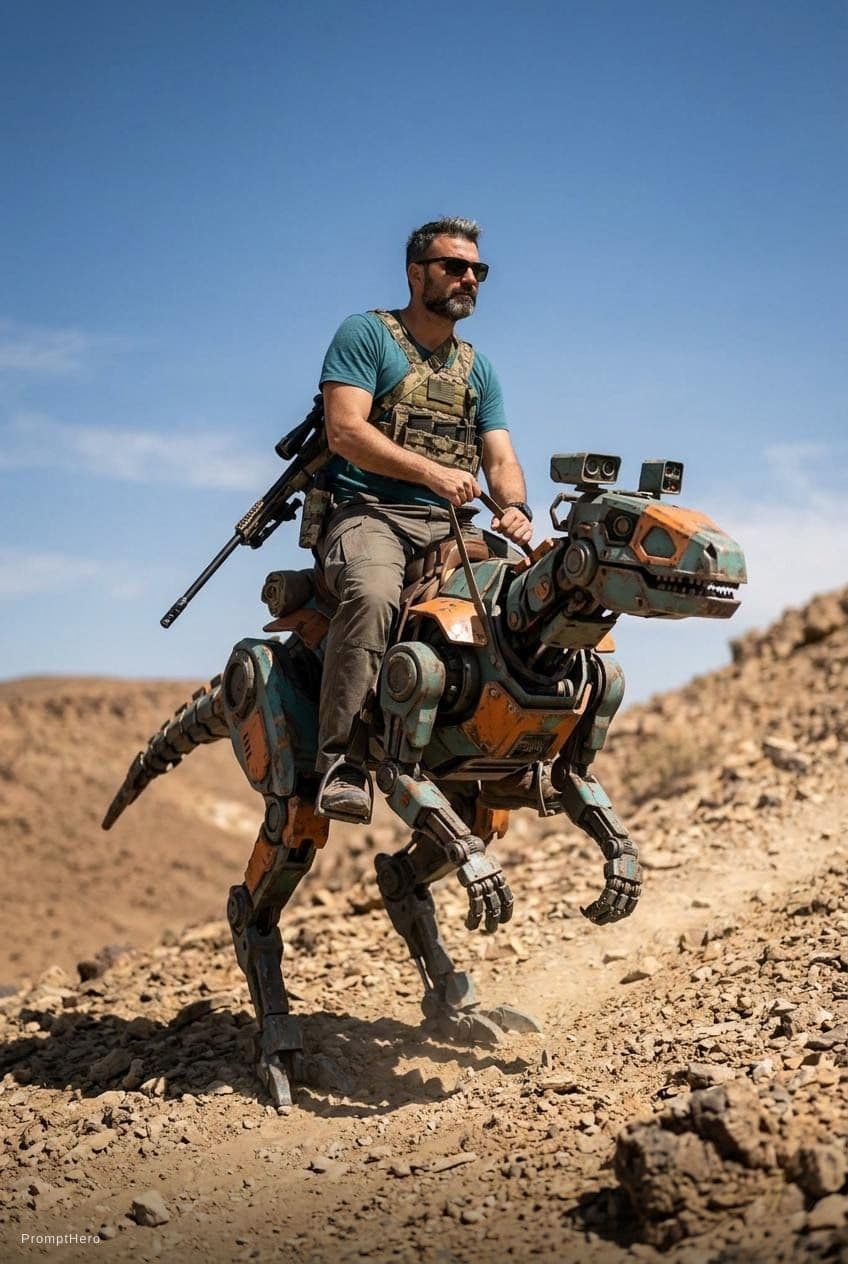AI generated: A lone desert scout riding a robotic reptile-like pack mount up a rocky slope under a wide open sky,...