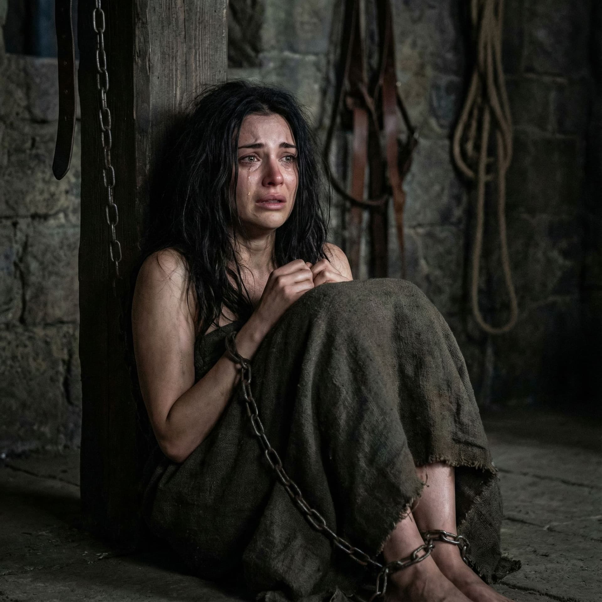 AI generated: Irelia xan, naked, scared, tears, chained, bdsm