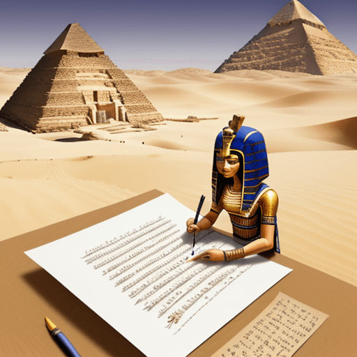 AI generated: A little scribe writing on a papyrus paper with an ancient egyptian monument in the background deser...