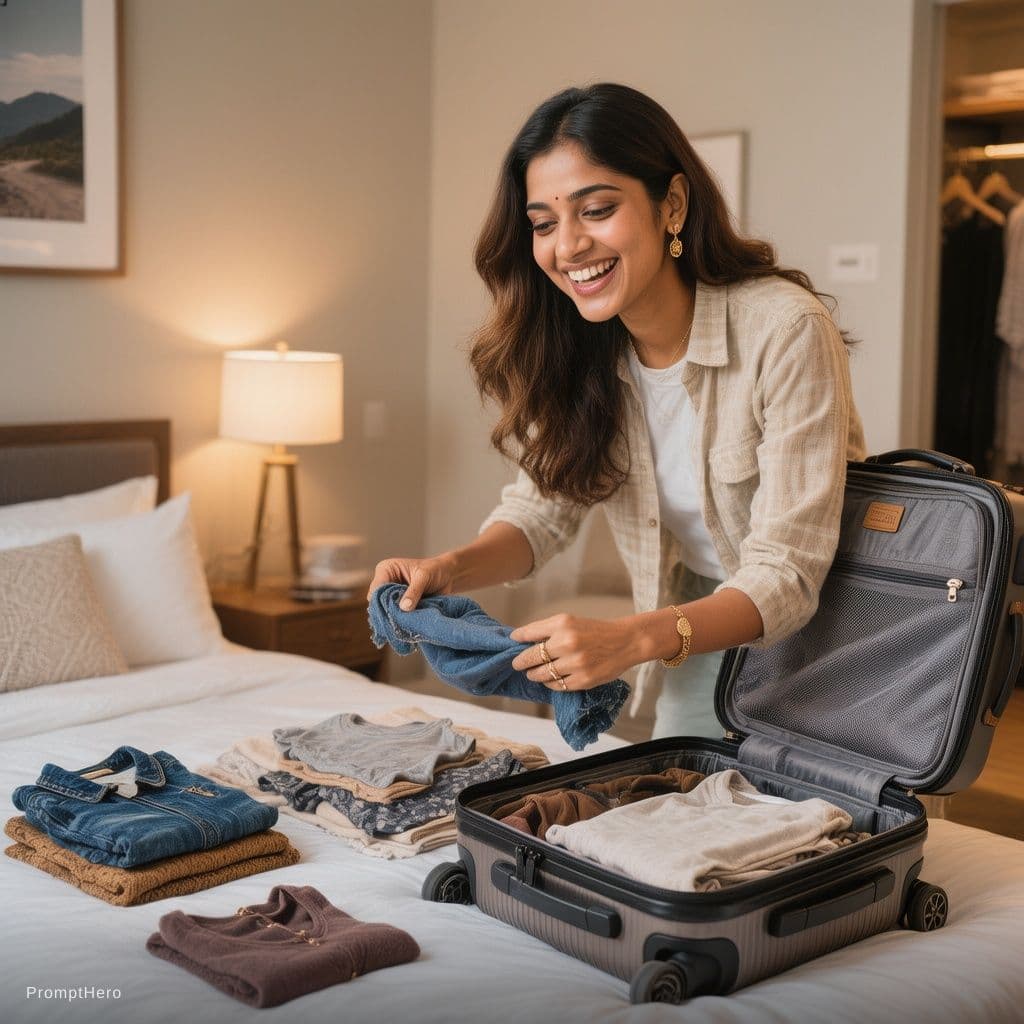 AI generated: A happy Indian young woman packing clothes into a stylish travel suitcase for an upcoming trip, smil...