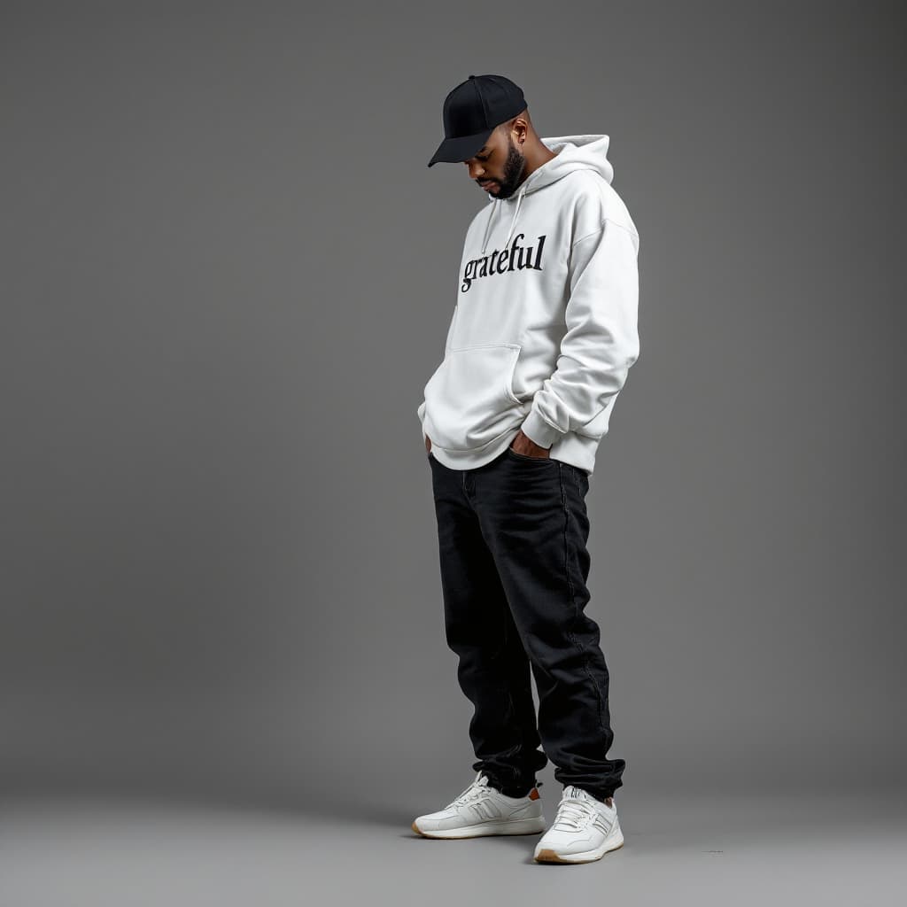 AI generated: A black African man of age 35 putting on a black baggy jean without a lower pocket with a white swea...