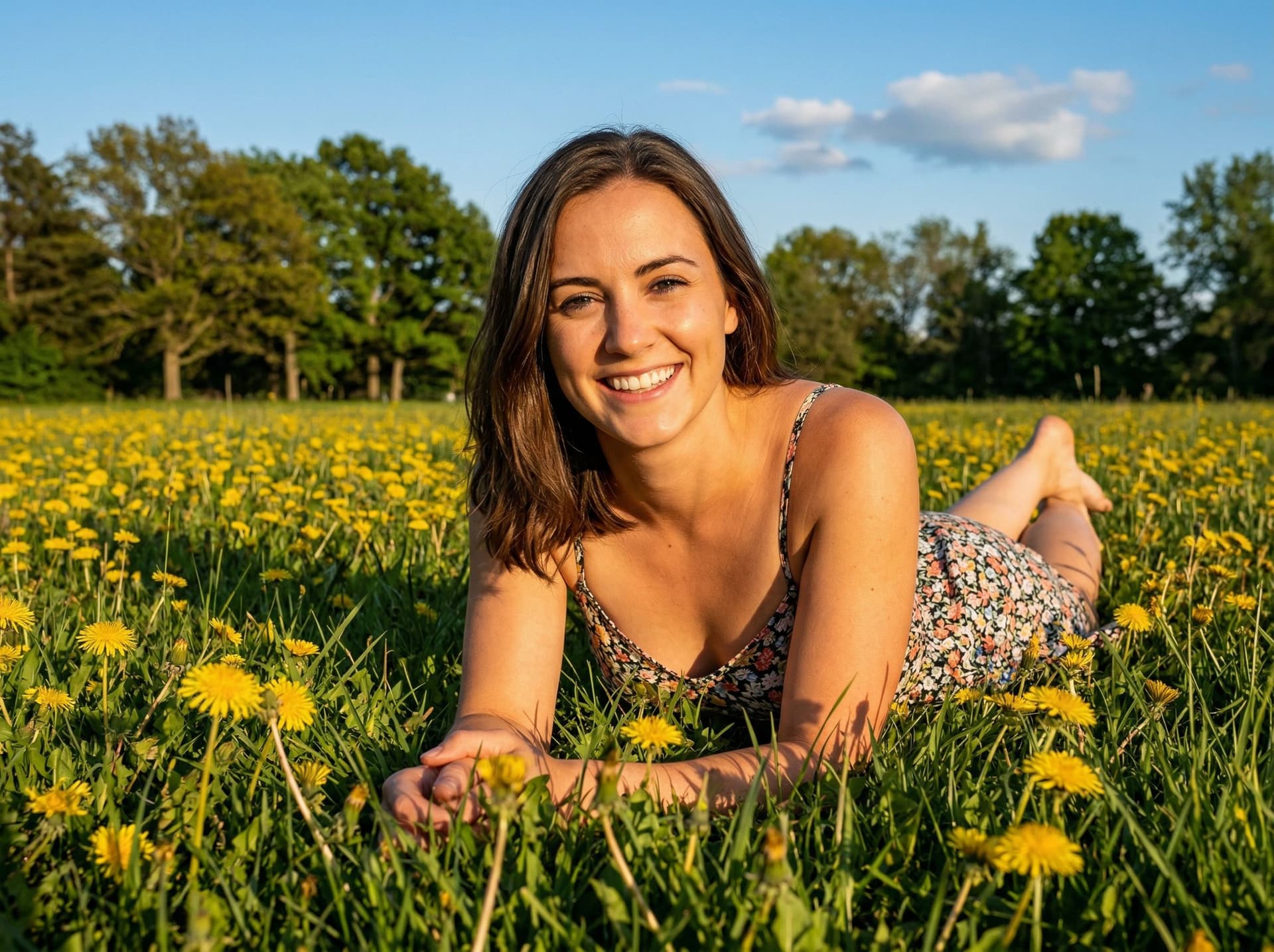 AI generated: breathtaking fit woman, Karina Doherty, big smile, shoulder-length brunette hair, deep dark blue eye...