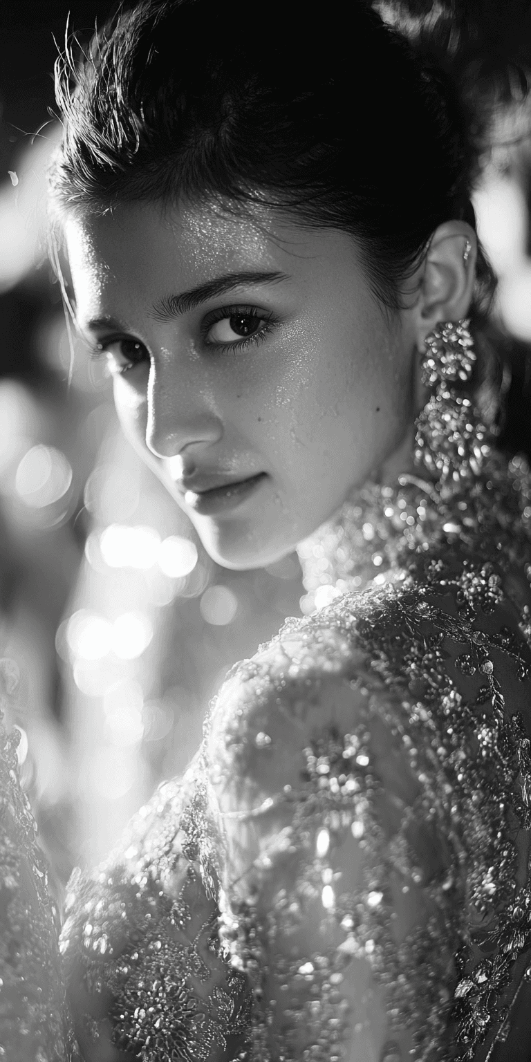 AI generated: Breathtakingly beautiful Indian woman, fashion photography, cover photo, black and white, female mod...