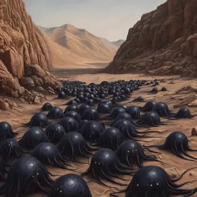 AI generated video: The camera moves over black alien creatures as the crawl on the ground 