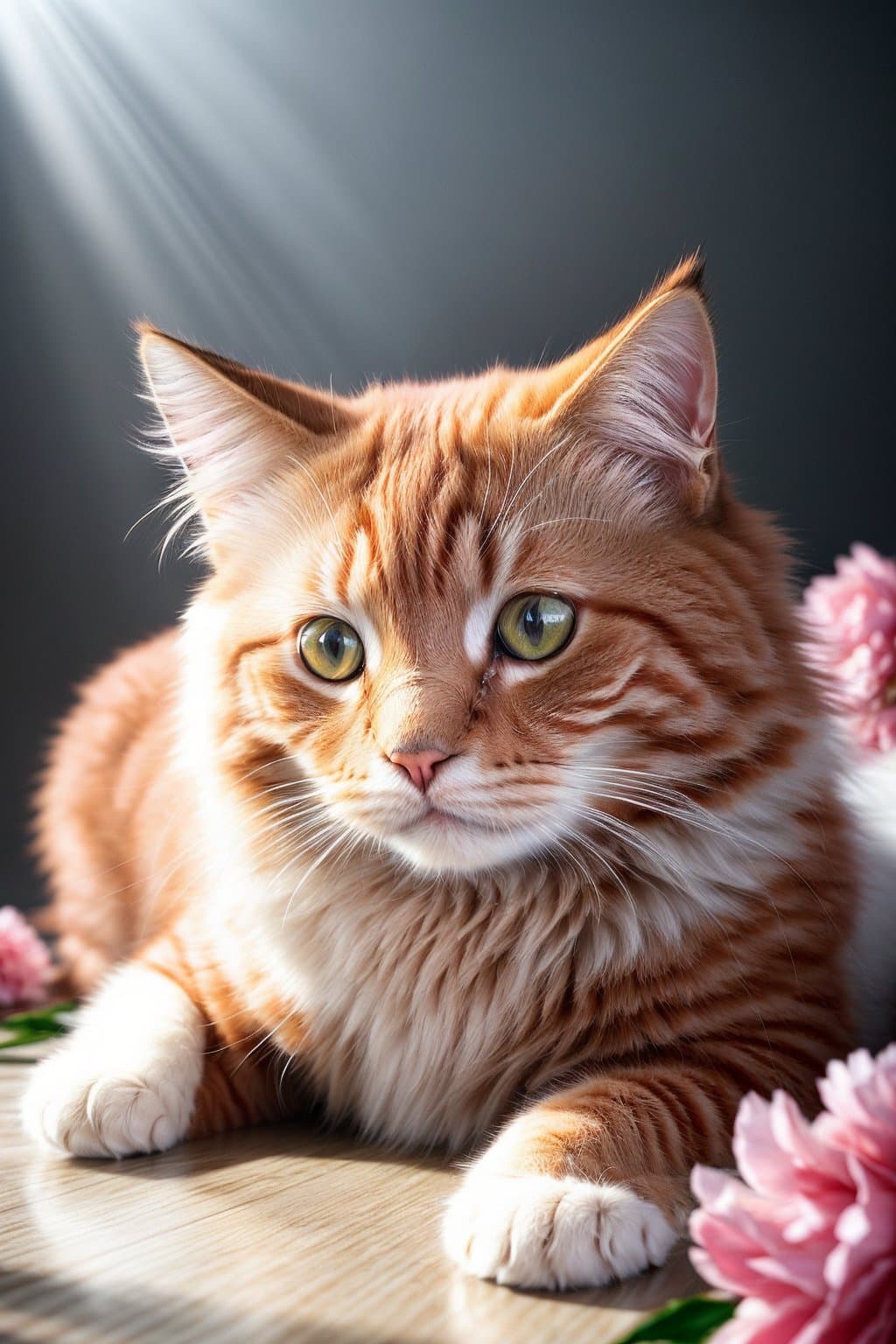 AI generated: photorealism, realistic, red fluffy cat, lying on his back around peonies, the cat's sly look, pixel...