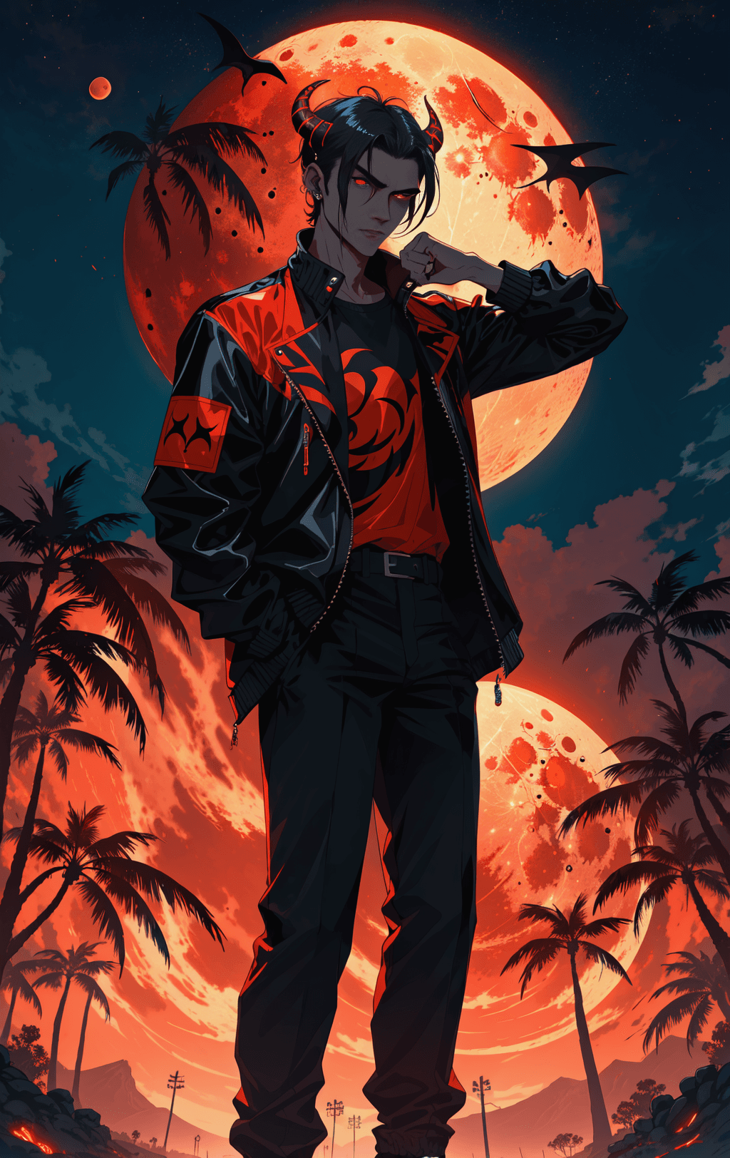 AI generated: concept art concept art using future funk aesthetics, suave and cool looking demon guy, standing und...