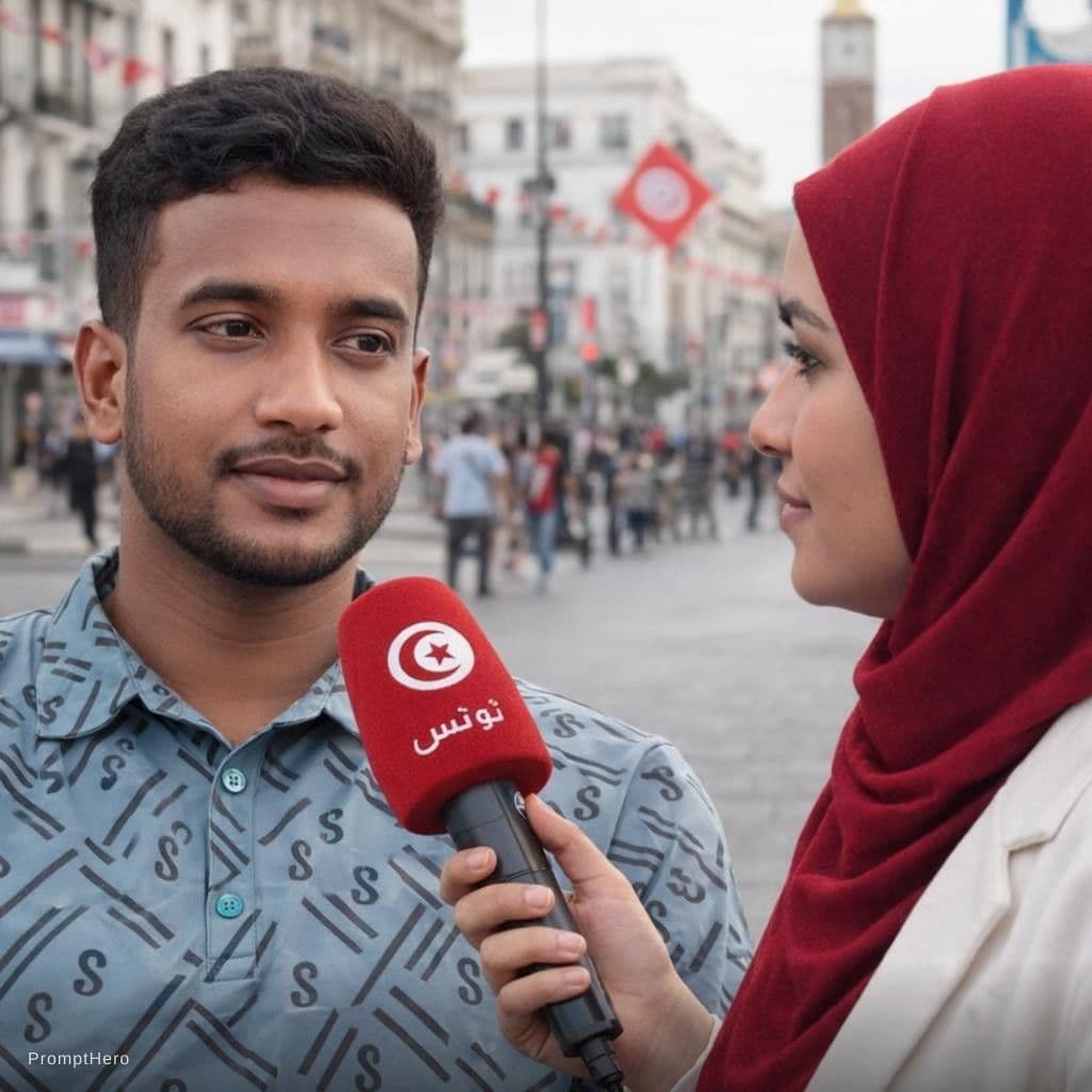 AI generated: A Tunisian man being interviewed by a Tunisian woman in the streets of the Capital Tunis.