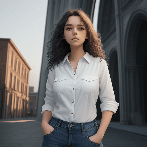 AI generated: A beautiful girl, white shirt, dark blue jeans, standing, architectural structure background. One ar...