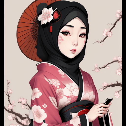AI generated: a japanese girl wearing hijab, android app, in the style of geisha portraiture, hyper-detailed illus...