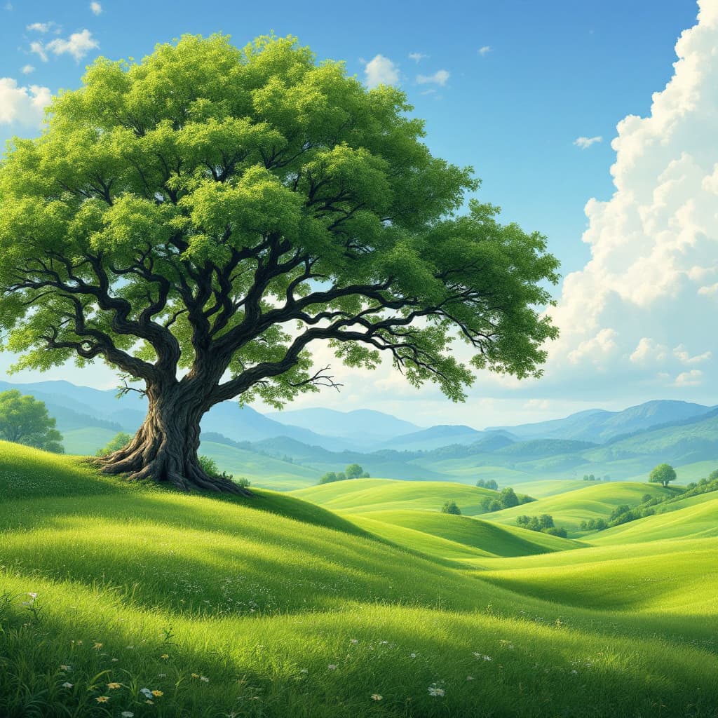 AI generated: "lush green grassy landscape with gentle rolling hills, a large majestic tree with sprawling branche...