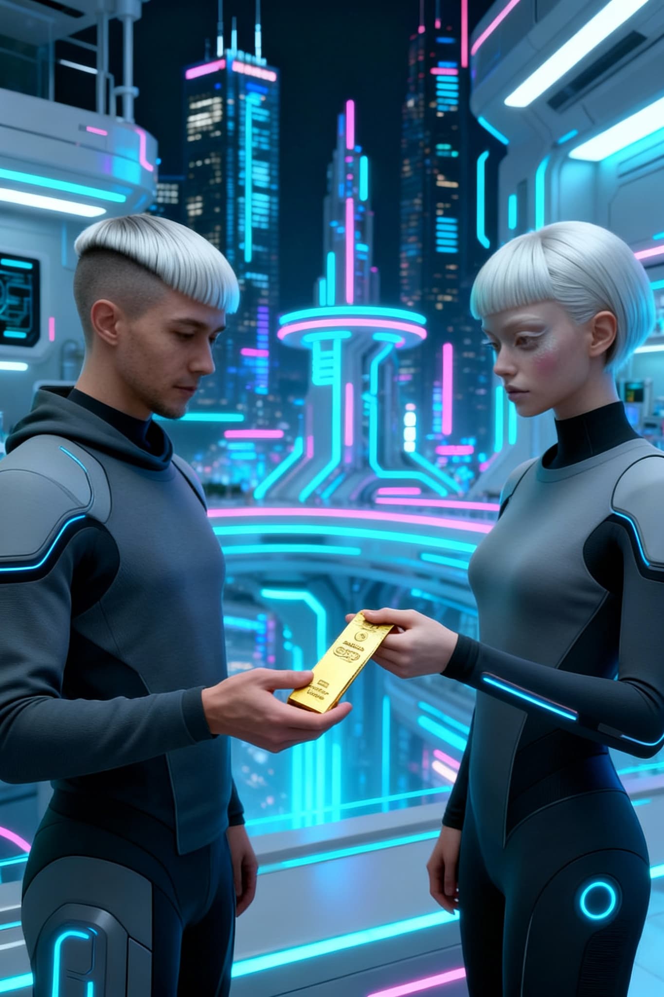AI generated: Show a futuristic society in the exchange of Hand-held Uniantum strips, with two Citizens. Unreal En...
