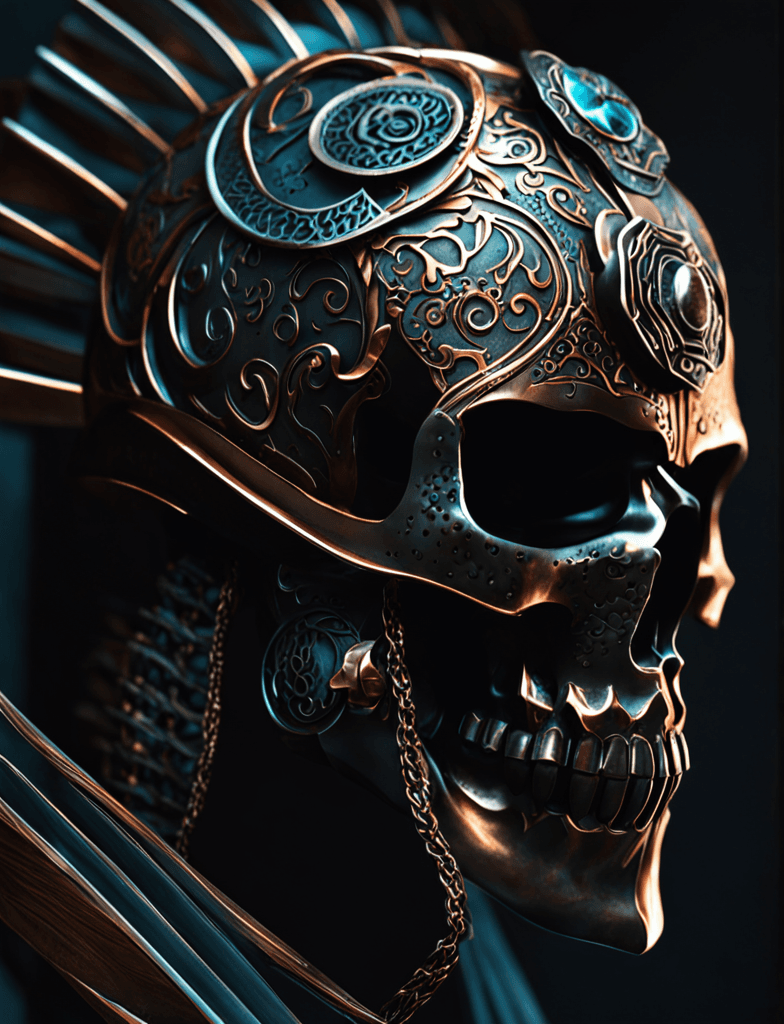 AI generated: bronze and copper skull. (StableDifusionXL1. 0 - SeargeSDXL)