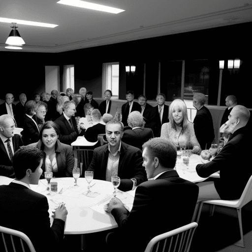 AI generated: Business networking meeting, in UK, evening time, 40 or more people, mixed ages and mixed gender in ...