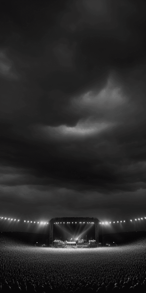 AI generated: concert dark evil sky , epic , 8k , hd , brown, gray, black and white tones 