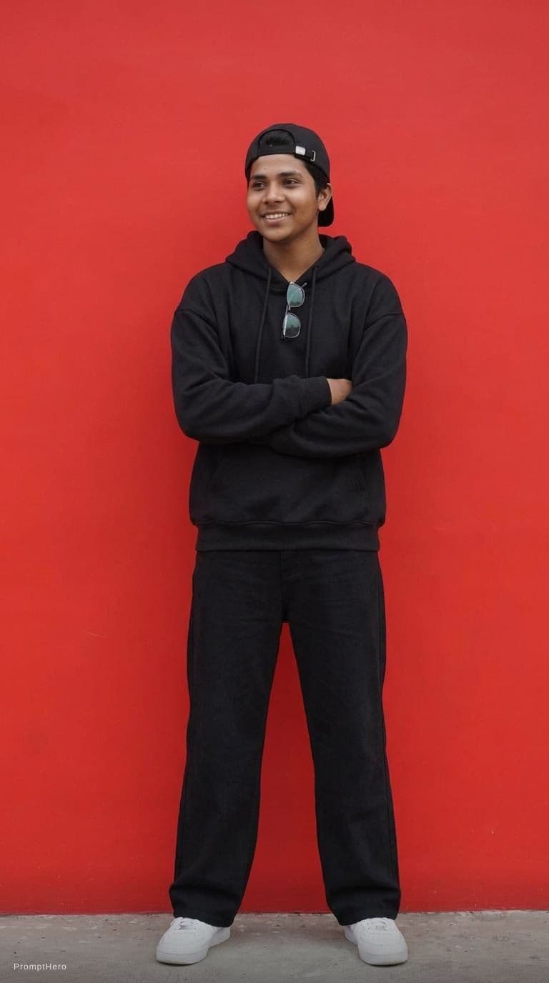 AI generated: capturing a casual yet stylish vibe, a figure in a loose, oversized black street wearing and wide-le...