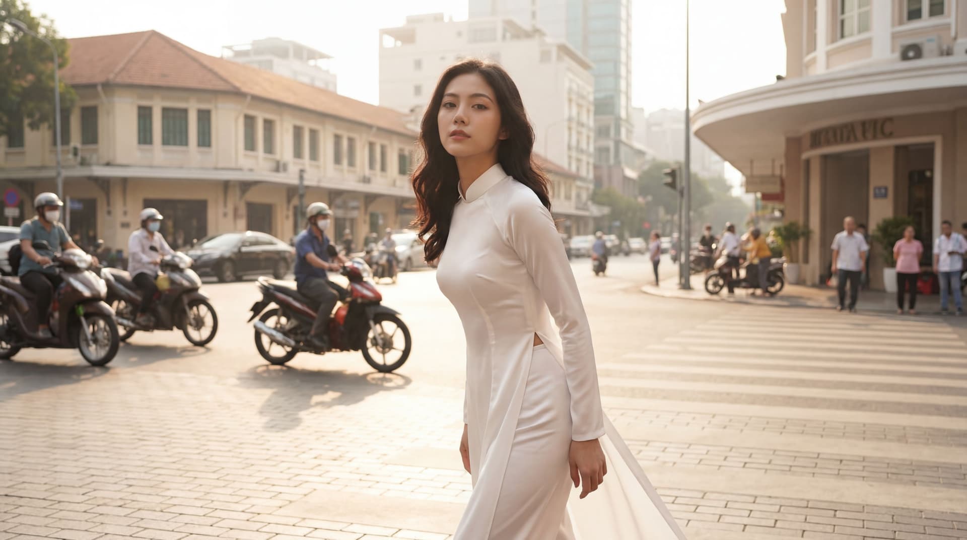 AI generated: A hyperrealistic photograph taken in the soft golden light of early afternoon. A young Vietnamese wo...