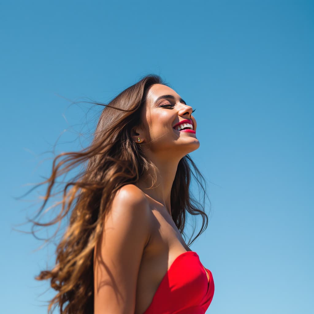 AI generated: A woman, from the side, with long brown hair is captured in a moment of joy. She's wearing a vibrant...