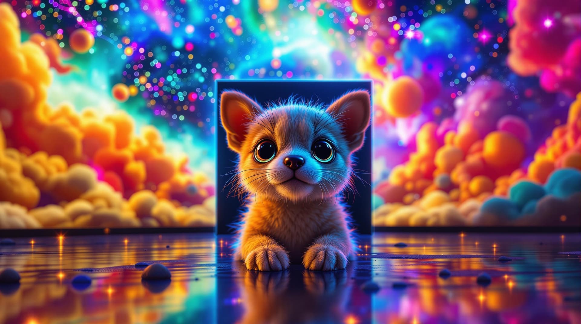 AI generated:   hyperrealistic, adorable creature emerges from a giant LED screen displaying a surreal, quantum-in...