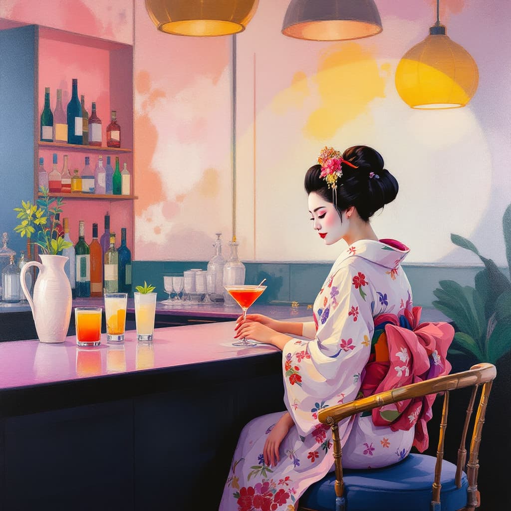 AI generated: A poster painted in oil with various colors depicting a geisha sitting at the bar counter of a moder...