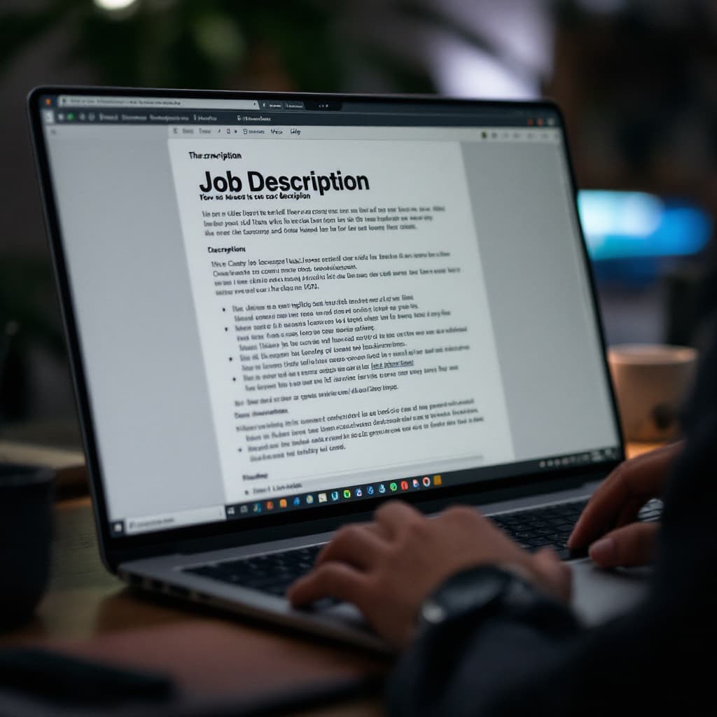 AI generated: A person editing a job description on a computer. dslr, ultra quality, sharp focus, tack sharp, dof,...