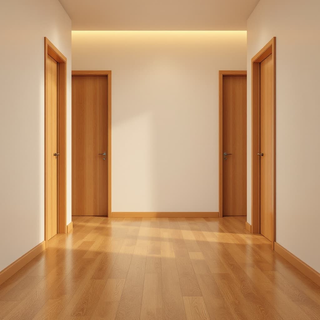 AI generated: The image shows a small interior space with a warm-toned laminate floor and visible grain. On either...