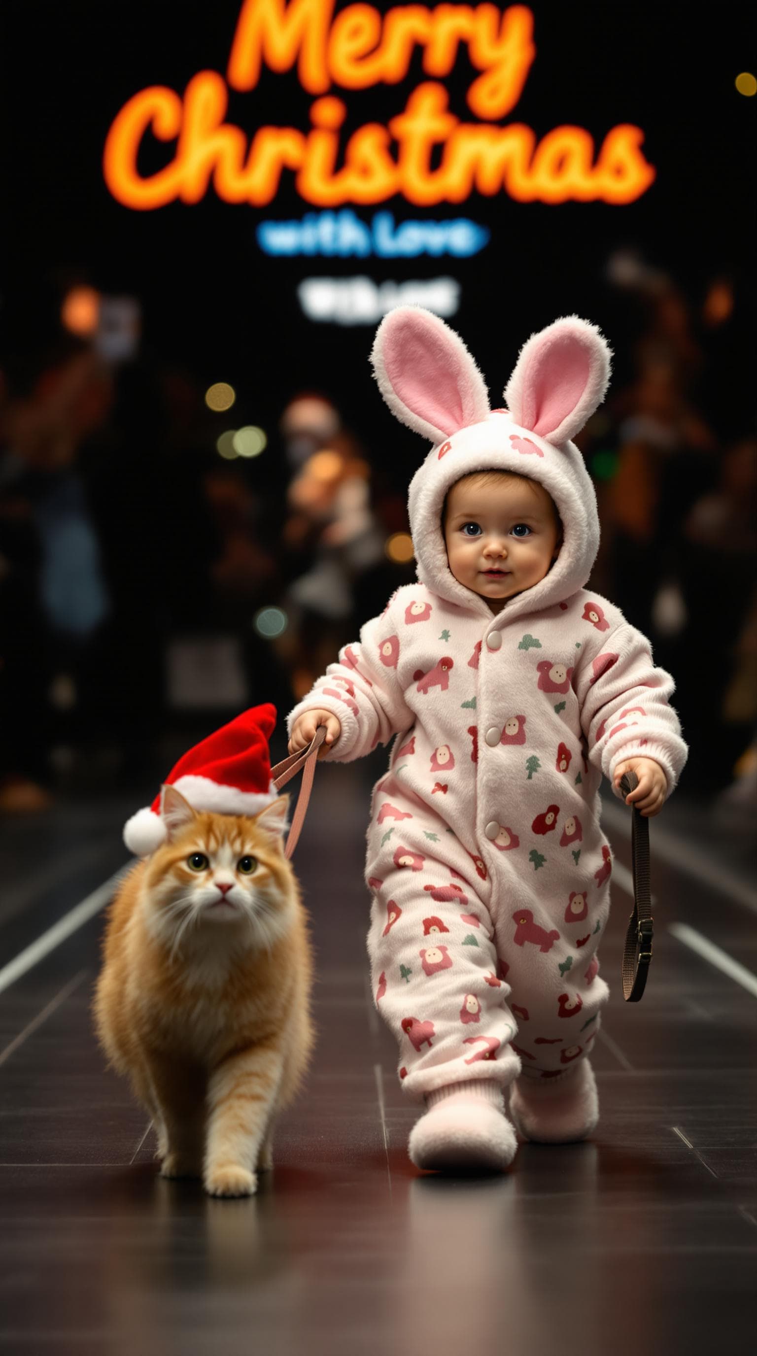 AI generated: A baby dressed in bunny pajamas leads a pet cat on a leash while walking at a Merry Christmas fashio...