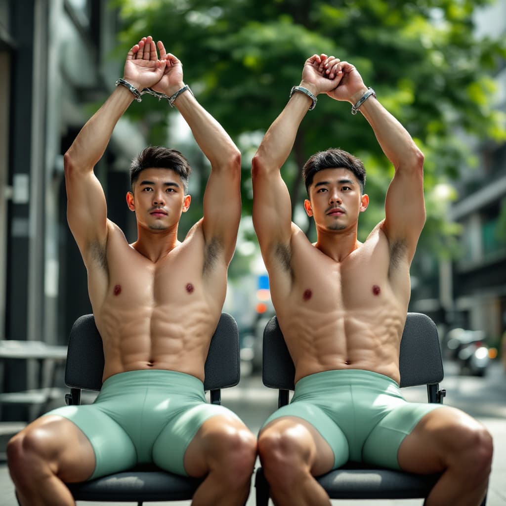 AI generated: Two handsome Chinese criminals strong wearing compressive cycling shorts in light green color in day...