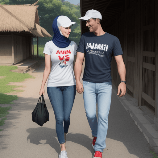 AI generated: Caricature of husband and wife walking arm in arm romantically. Husband, 40 years old, short black h...