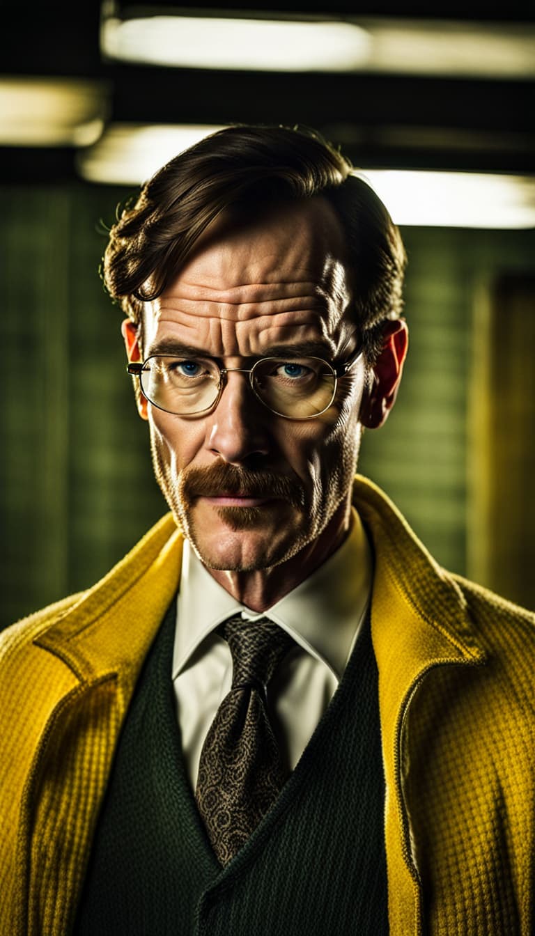 AI generated: 200mm portrait photo, half-body, Bryan Cranston's character Walter White from the Breaking bad, vici...