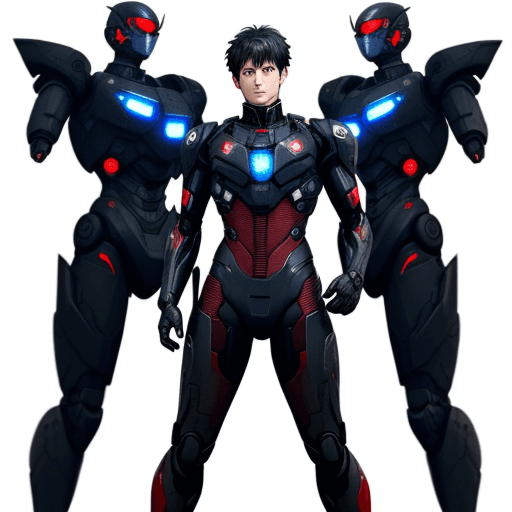 AI generated: anime boy in form fitting black and red bodysuit, white skin, Black hair, blue eyes. make the bodysu...