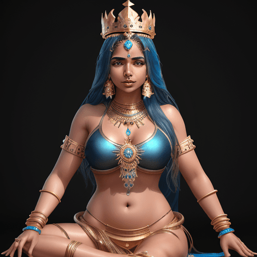 AI generated: fantasy Indian goddess, gold jewelry large crown, mini bikini, tank top, busty, full body, blue colo...