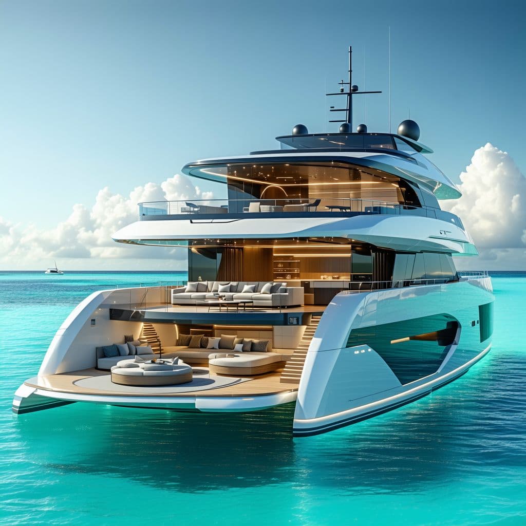 AI generated: Design a futuristic 75-foot power catamaran with large open windows, a luxurious interior featuring ...