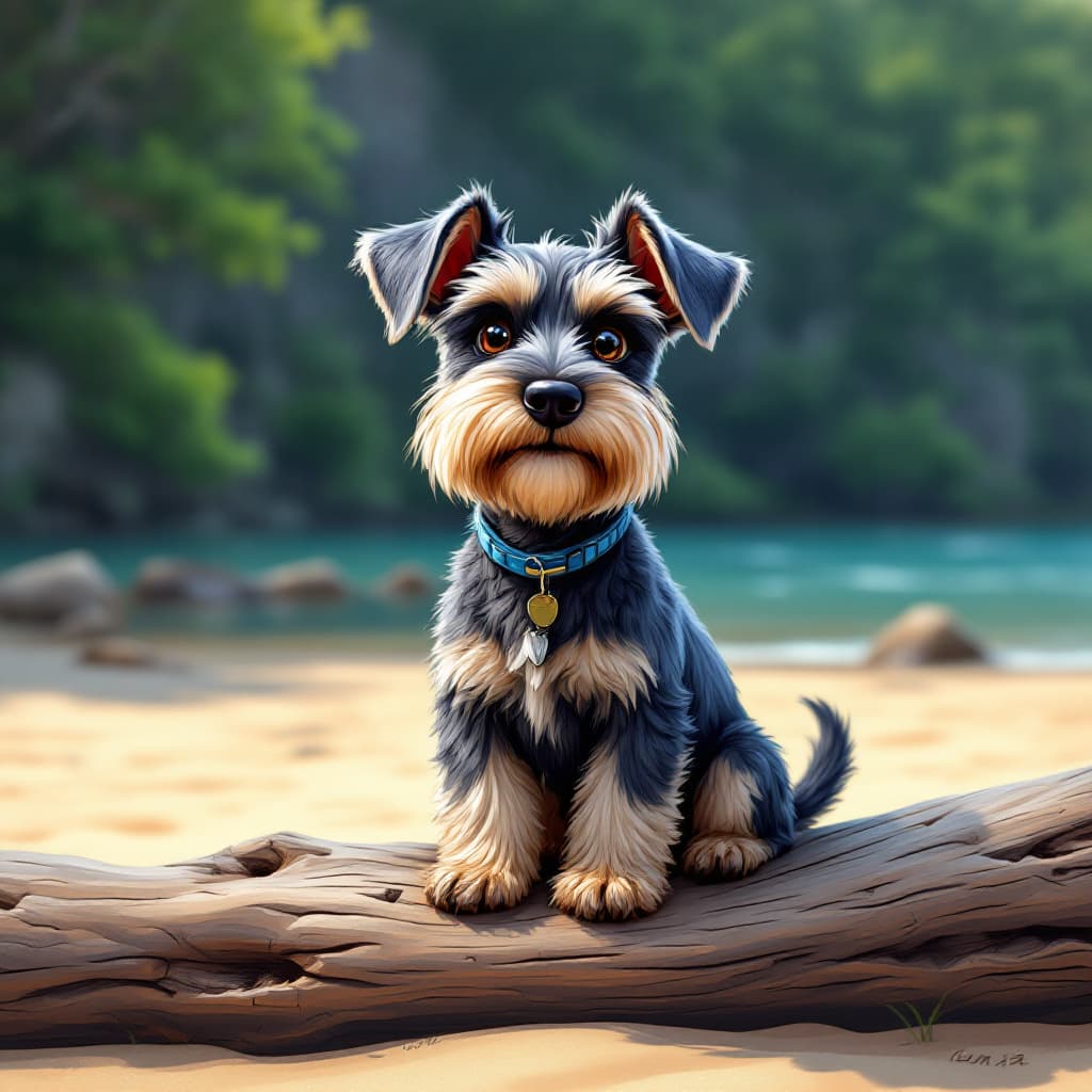 AI generated: Draw a young pepper and salt miniature schnauzer, Luna, sitting on a rotten wooden log, with a samil...