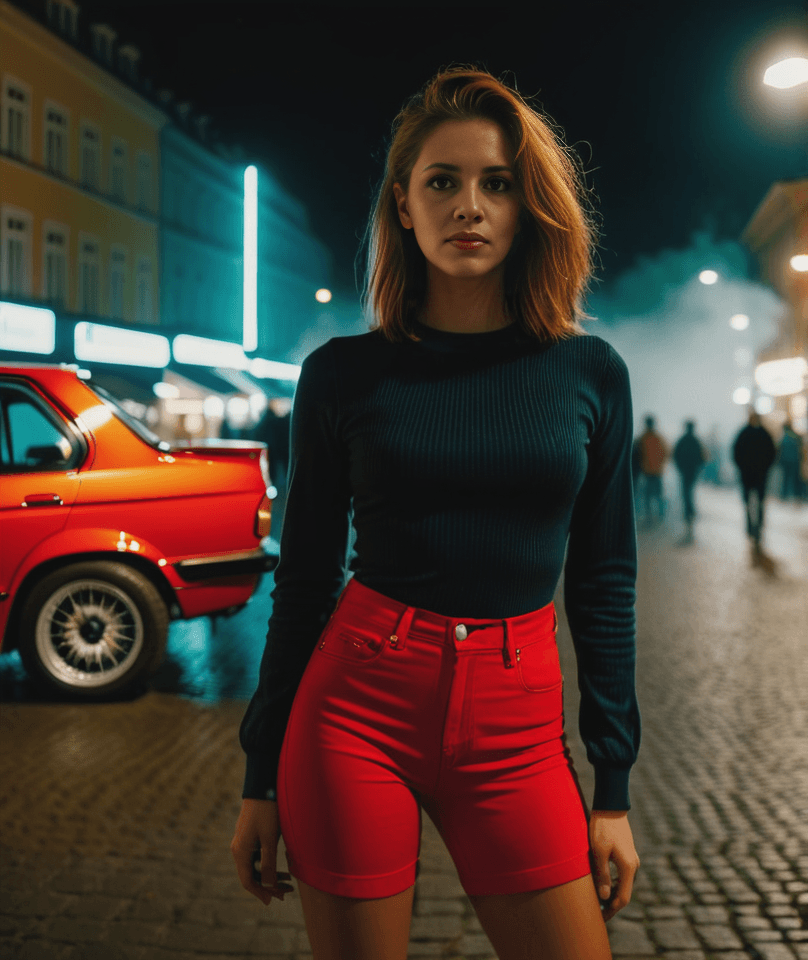 AI generated: raw_photo,full_shot,european woman posing for a picture with her butt showing front red bmw_e30 in p...