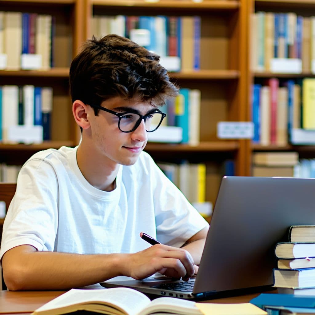 AI generated: A student in the library studying on the laptop with all curiosity  