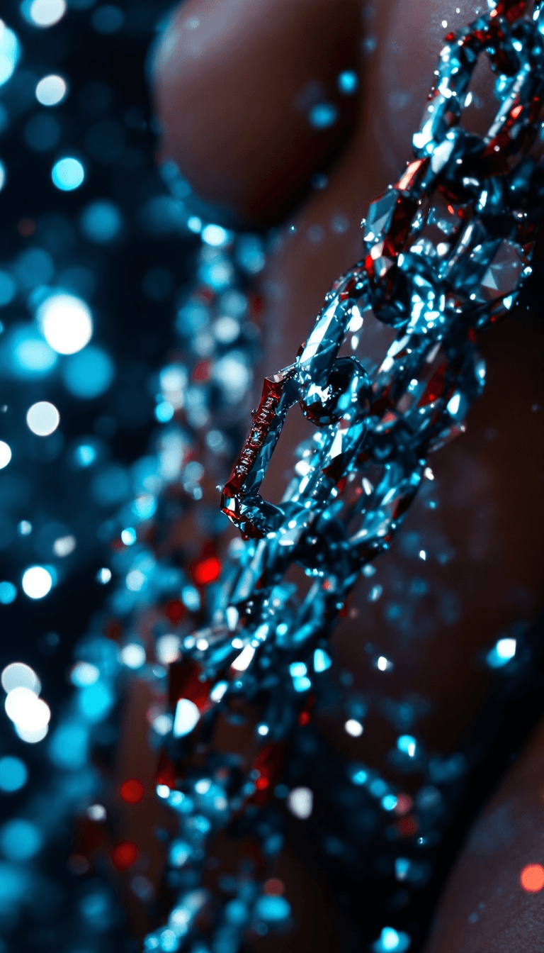 AI generated: big diamond ice out cuba chain. On the Chain  is the text: BAILE RHYTHEM" in a abstract red diamond ...